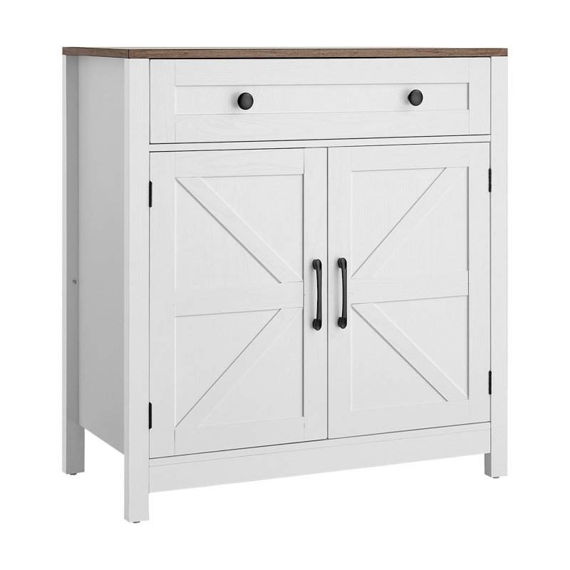 Coffee Bar Cabinet, Farmhouse Coffee Bar Table with Drawer, Buffet Stand Cabinet with 2 Barn Door, Sideboard Buffet Station for Living Room, Entryway, Kitchen, 29.5 x 14.7 x 31.5 in, White