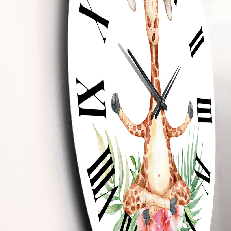 Cartoon Giraffe with Tropical Flowers II - Children's Art Wall Clock, Medium