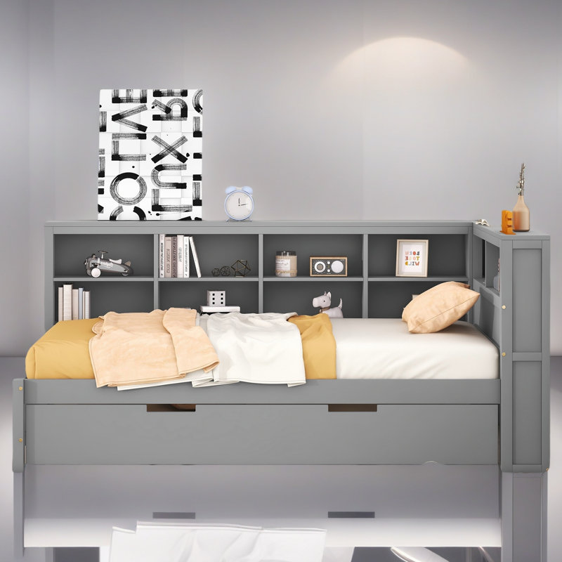Daybed With Storage Shelf And USB Charging Ports, Gray, Twin