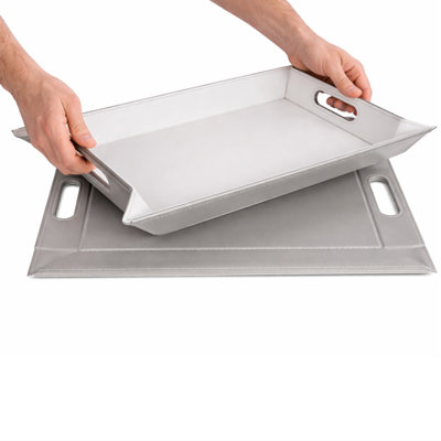 FREEFORM 2-in-1 Convertible Serving Tray & Placemat, Premium Faux Leather - Ottoman Tray, Couch Tray & Lap Tray with Handles, Reversible - Grey & White, 4pc