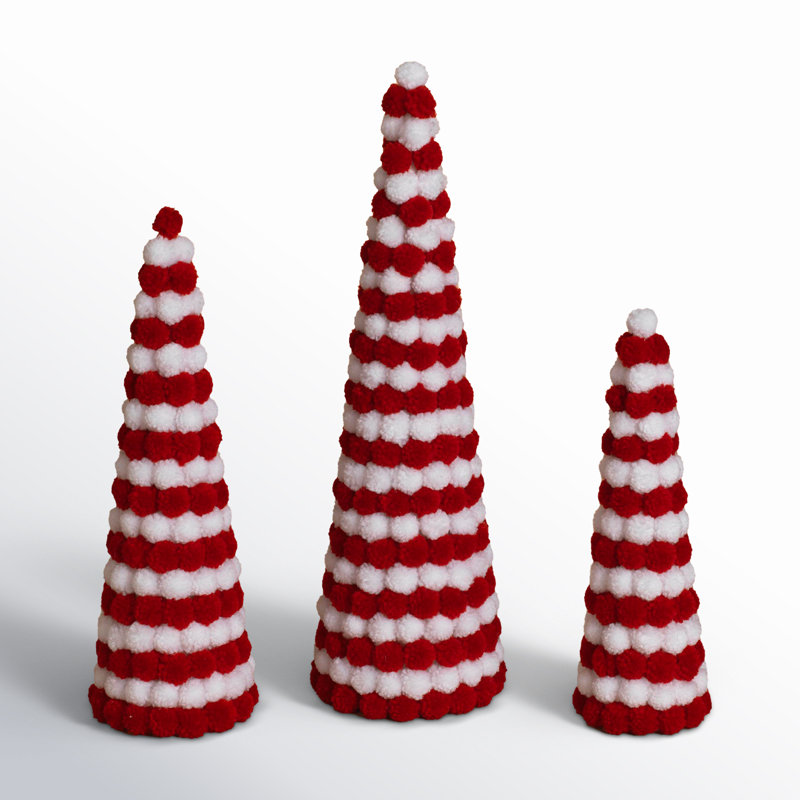 Set Of 3 Red And White Festive Holiday Pom Pom Trees