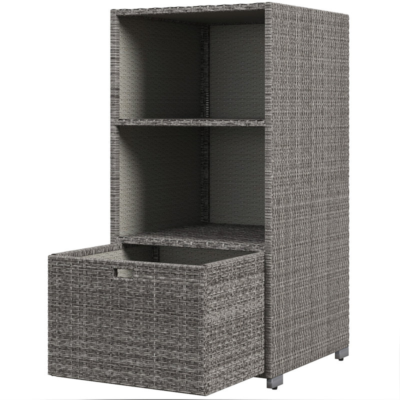 Valet Pool Towel Rack, Waterproof PE Plastic Rattan Wicker Storage Organizer, Indoor Outdoor Spa, And Hot Tub Accessory Storage, 2 Shelves, 1 Basket Drawer