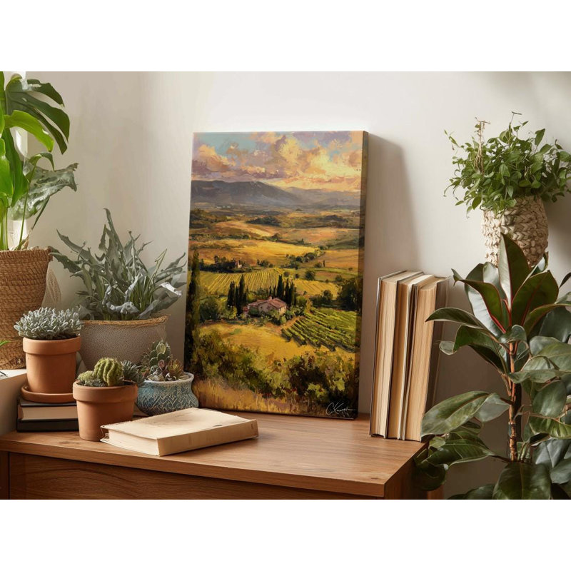 Peinture dorée de paysage toscan, impressionnant vignoble italien sur toile, Rolling Hills of Tuscany, pour un décor chaleureux et rustique