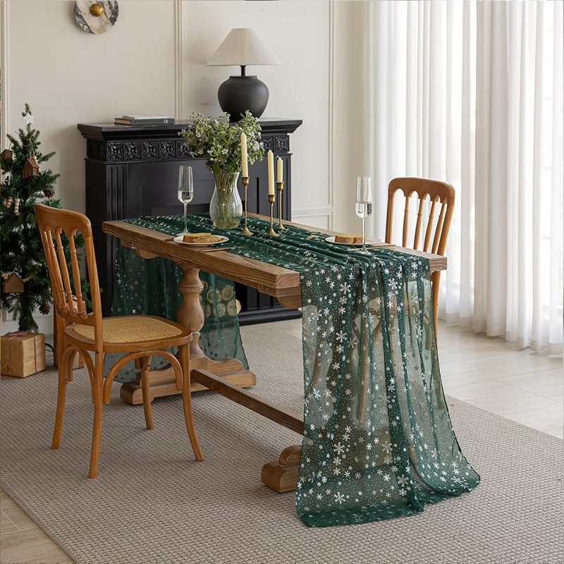 Chemin de table en flocon de neige à imprimé métallique en tulle de Noël, décoration de table de salle à manger pour la maison