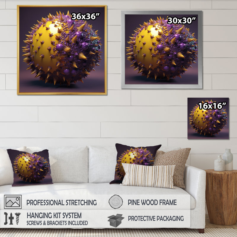 3D sphère mauve et jaune 3D - reproduction sur toile, H 16 po x l 16 po x P 1 po, Cadre flottant noir