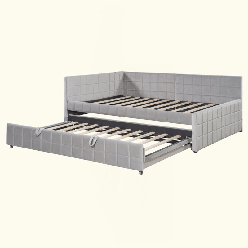 Upholstered L-Shaped Upholstered Daybed With Twin Size Pop Up Trundle And USB Ports, Gray