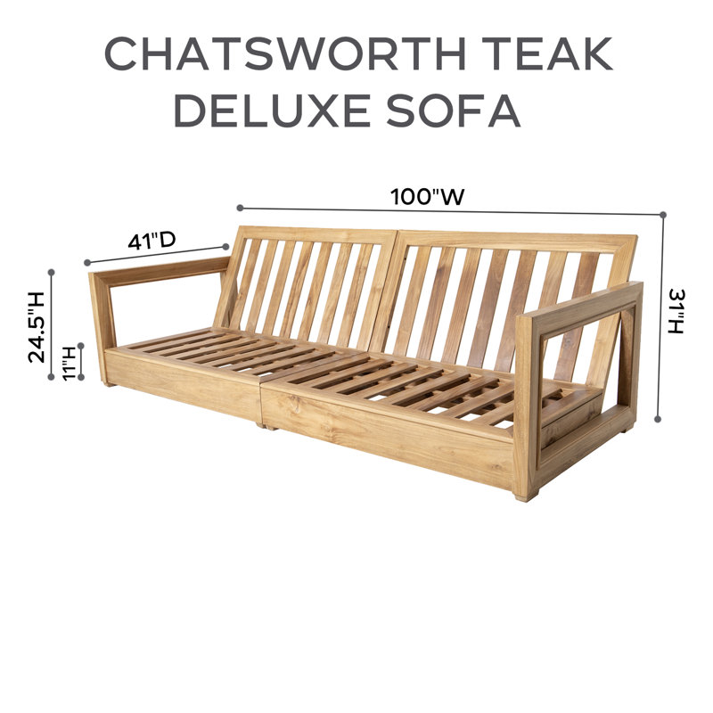 Crelake 107'' Wide Rectangular Teak Patio Sofa with Sunbrella® Cushions, Parrot