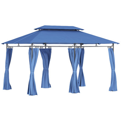 Double Roof Outdoor Patio Gazebo with Curtains & Metal Frame, Weather Resistant Canopy Shelter for Garden Lawn Backyard Deck, Dark Blue