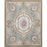 Needlepoint Hand-Knotted Wool Oriental Area Rug in Green/Beige