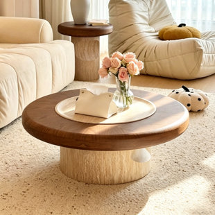 Table basse ronde d'inspiration champignon - plateau en placage de noyer 35,43 po avec incrustation de faux marbre, base à piédestal moderne, surface résistante aux égratignures pour le salon (H 12,8 po)