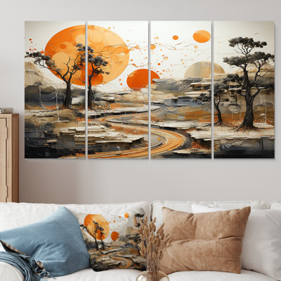 Orange Sunset Abstract Landscape Stream II - Abstract Landscapes 4 Piece Wall Art Decor