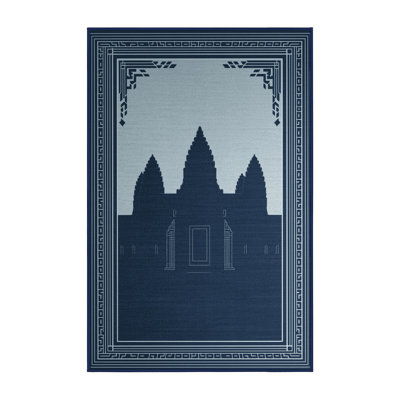 Machine Washable Parez Angkor Wat Cambodia Global Inspired Block Print Rug in Gray – Navy Binding