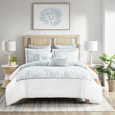 Housse de couette blanche 100% coton double / grand - broderie dollar foncé et sable pour brise d'océan, fermeture à boutons, 4 attaches intérieures, 2 taies décoratives de plage et broderie, standard