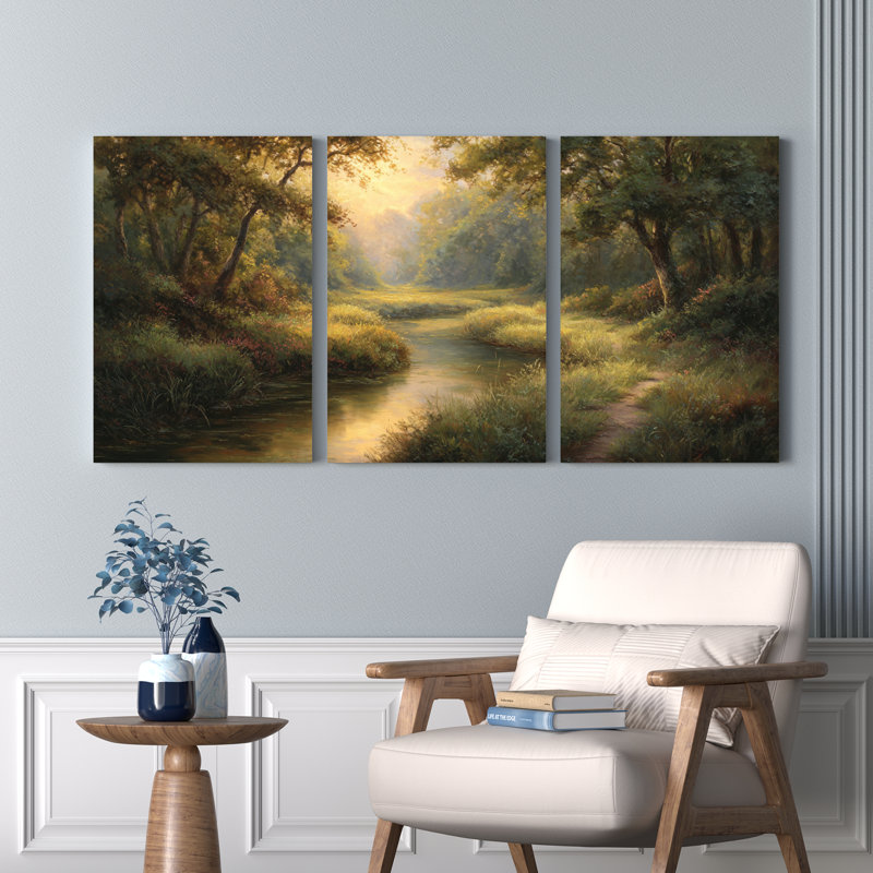 Ensemble de 3 tableaux sur toile représentant un paysage de ruisseau forestier, H 36 po x l 72 po