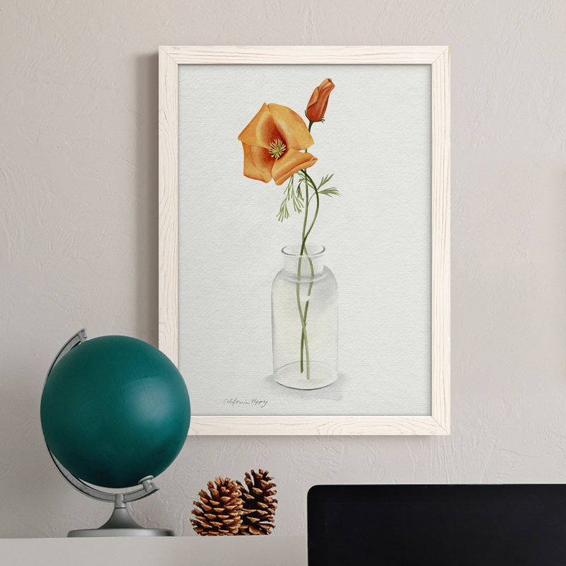 «California Poppy Vase I», toile encadrée de qualité supérieure - prête à être accrochée, H 32 po x l 23 po x P 1 po, Blanc