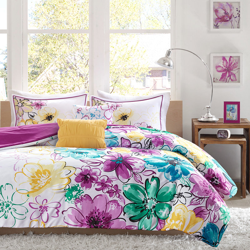 Édredon simple / simple TG avec imprimé floral asymétrique bleu, doux en broderie et