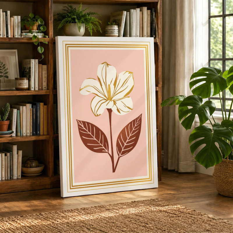 Centered Bloom Botanical - Wrapped Canvas, 36x24 - 91.4 x 61.0 cm, Ochre Border