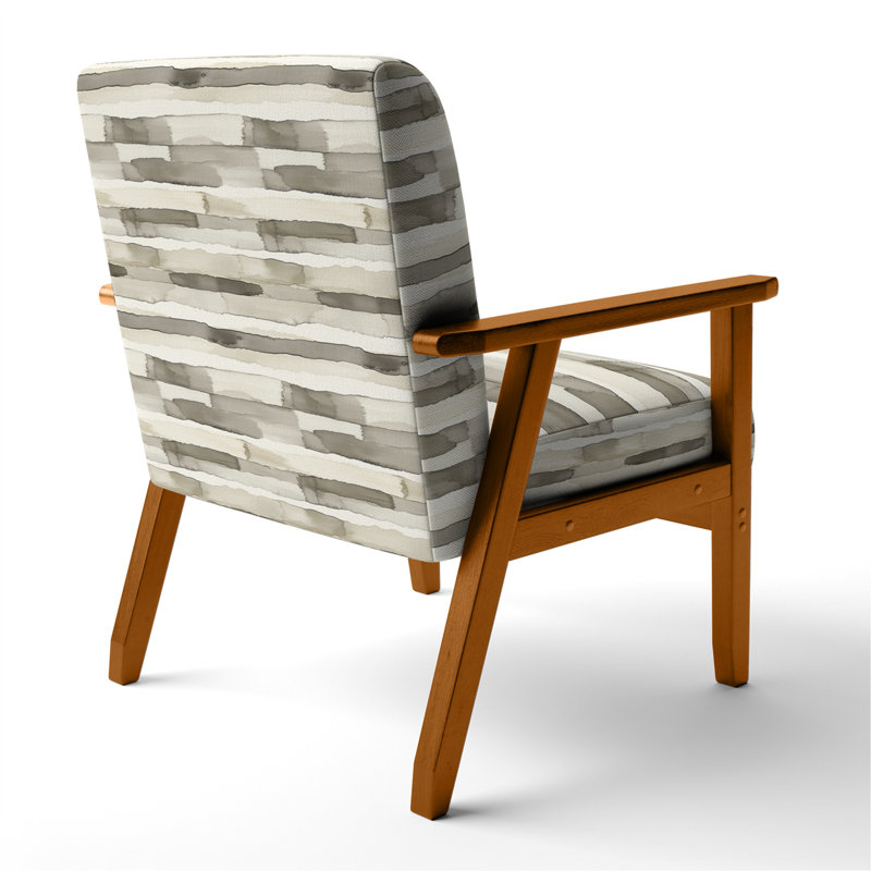 Chaise rembourrée rayée gris et beige avec accoudoirs gris neutre, Accoudoirs carrés bruns