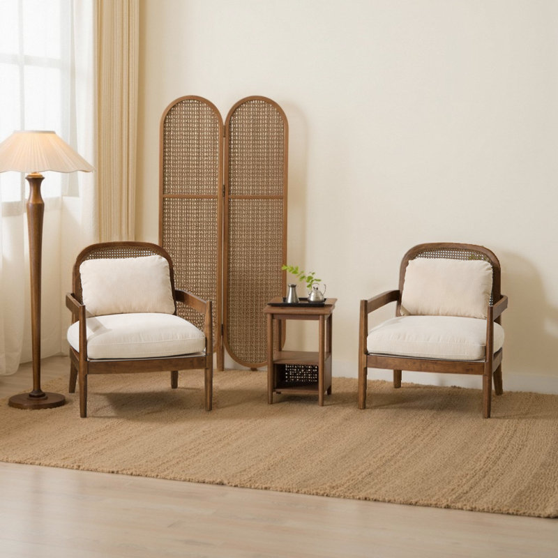 Fauteuil d'appoint 2 pièces Mid-Century moderne avec dossier en rotin et coussin en bois massif, Rayures beiges