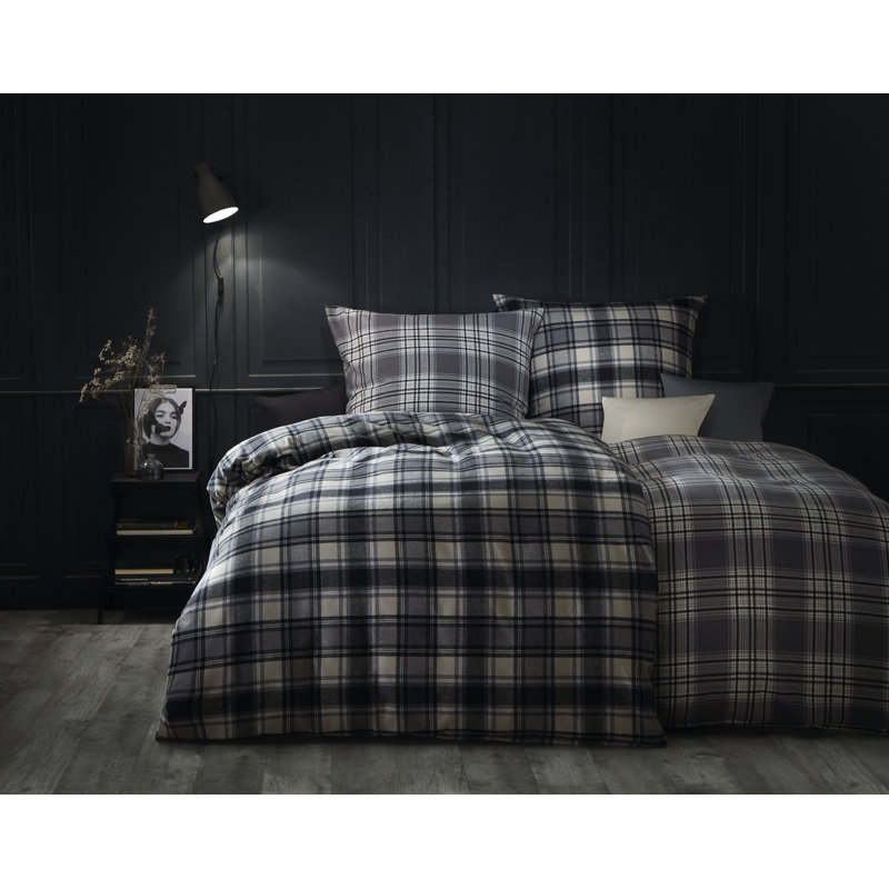Lech Flannel Microfibre 110 TC Reversible 2 Piece Duvet Cover Set, Double Duvet Cover + 2 Standard Pillowcases, Granite