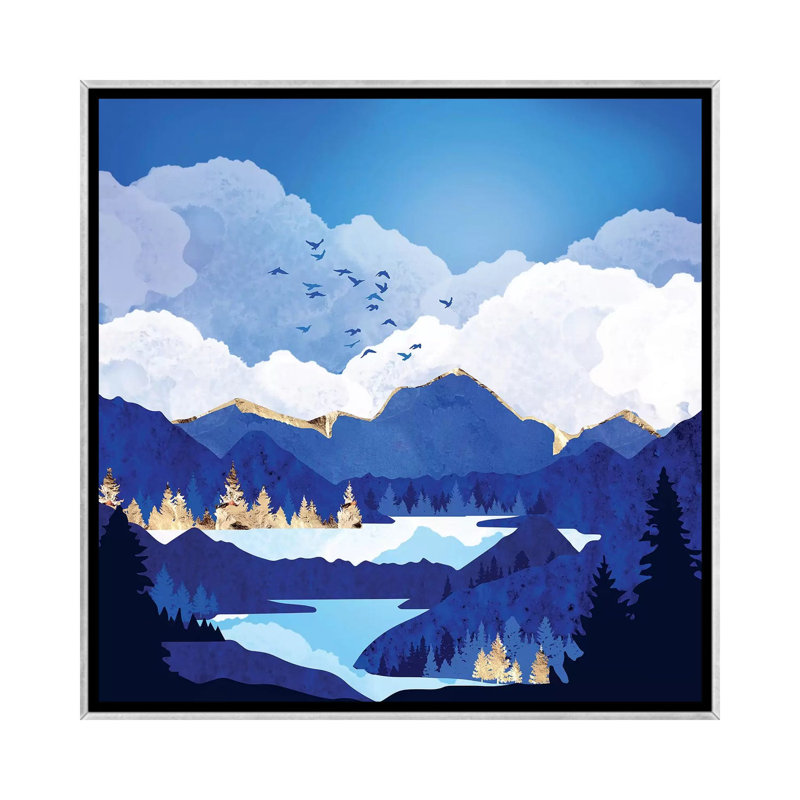 «Blue Lake», reproduction d'impression, Pas de tapis, H 18 po x l 18 po x 1,5 po, Toile avec cadre argenté
