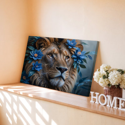 Lion avec fleurs bleues fantaisie, art animalier, impression sur toile pour le salon, la chambre à coucher, le bureau, le couloir, le vestibule, le mur de la galerie et la décoration moderne