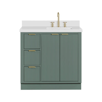 Haun 36'' Solid Wood Single Bathroom Vanity with 1.5'' White Quartz Top, Right Offset, Rectangular Sink