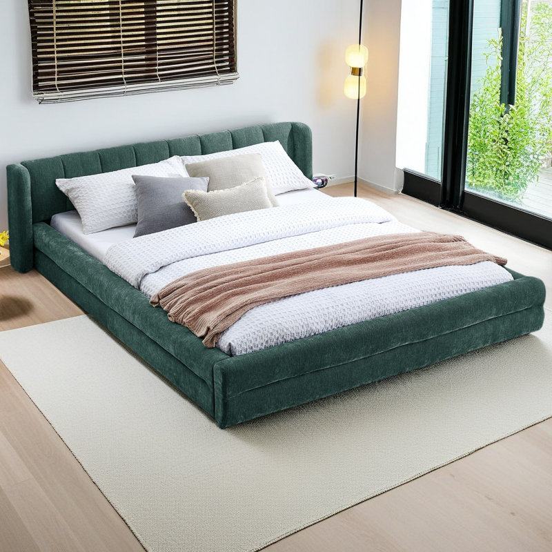 Structure de lit tapissier grand format avec tissu épais, lit plateforme grand format en chenille avec tête de lit et structure solide