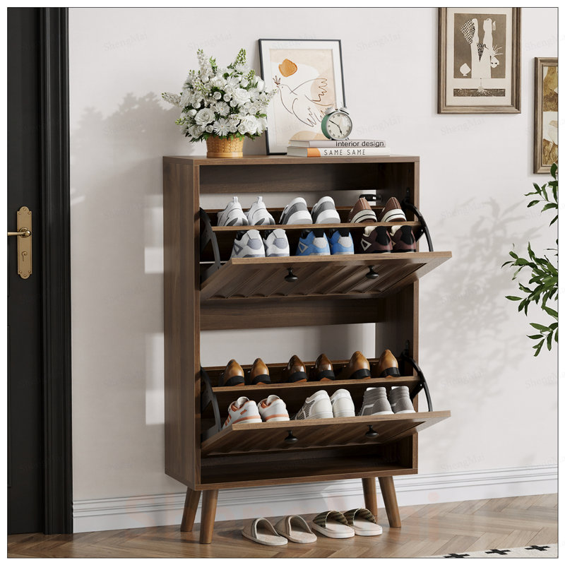Range-chaussures moderne de style médiéval avec un design rainuré vertical, idéal pour les couloirs et les entrées, maximisant le rangement et le style.