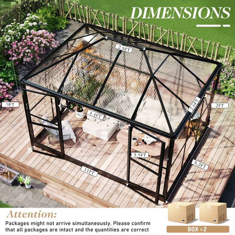 Polycarbonate Greenhouse with Clear Panels- 6 FT Wall Height Outdoor Aluminum Greenhouses with 2 Vents, Double Doors with Hook, Walk-in Greenhouse for Backyard Garden
