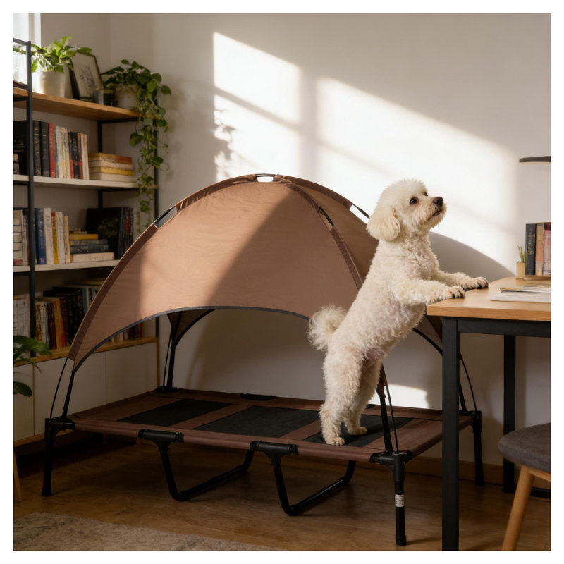 Lit surélevé portatif pour animaux avec surface en filet, finition café