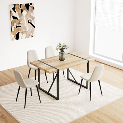 5 pièces pour salle à manger: table en bois de style Mid-Century de 55 po et 4 chaises modernes, table carrée minimaliste, assise en lin ergonomique, bois massif de 1,5 pouce, base en métal, temps d'installation de 30 minutes avec forme, chanfreiné