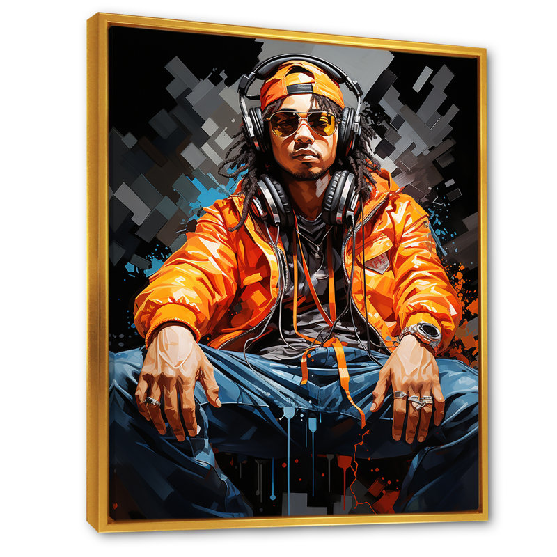 Hiphop rappeur aux couleurs vives et éclatantes, Cadre flottant doré, H 40 po x l 30 po x P 1,5 po