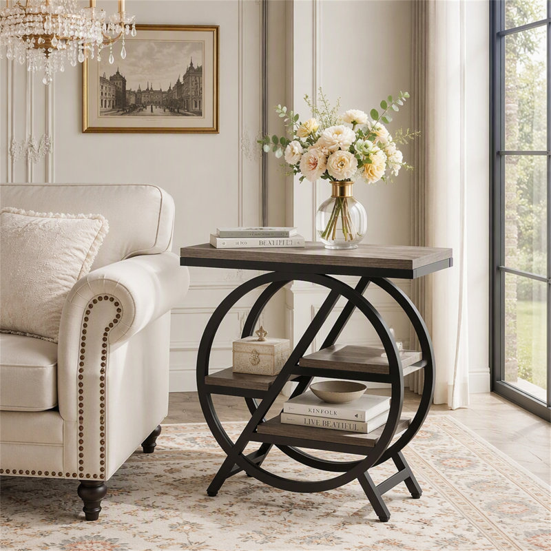 Table de bout à 4 niveaux, petite table d'appoint avec tablettes de rangement, Gris / Noir, Gris, Noir