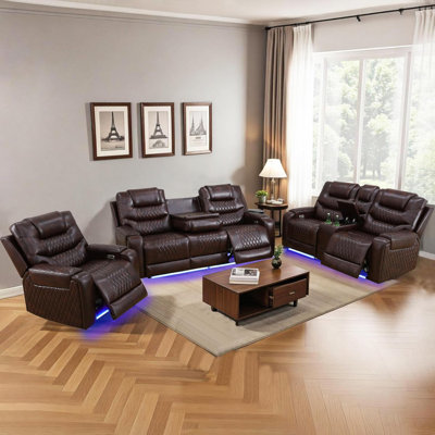 Ensemble de canapé inclinable électrique en cuir 3 pièces de luxe avec accoudoirs enveloppés, console et recharge sans fil (ensemble de 3)