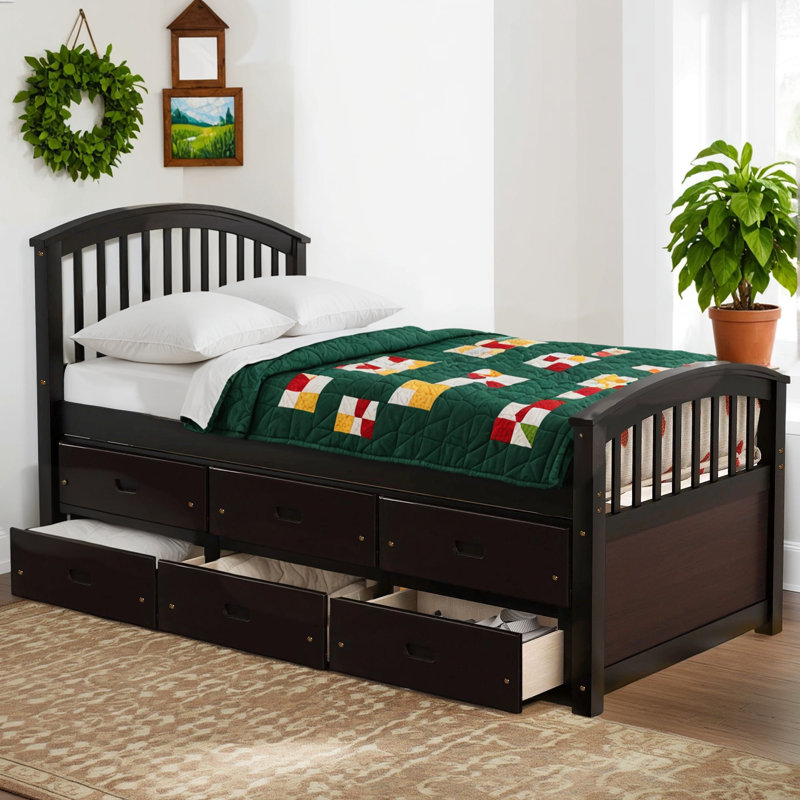Lit plateforme en bois massif (taille double): comprend 6 tiroirs de rangement, Noir