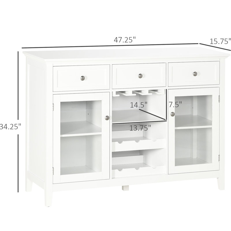 Buffet blanc avec 3 tiroirs, 6 porte-bouteilles de vin, porte en verre pour armoire de rangement, support en bois, charme rustique