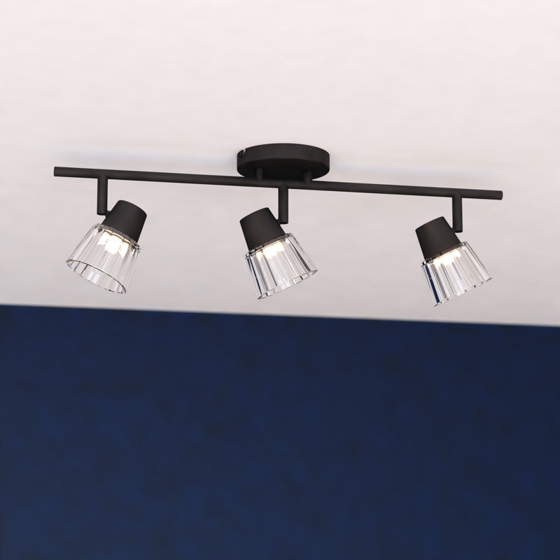 Hertford 23 In. Wide Matte Black Transitional Ceiling Track Lighting Fixture Kit With 3-Adjustable Light Heads, Clear Ribbed Glass Shade, Dimmable, Integrated LED, Semi Flush Mount Flexible Spotlight Bar