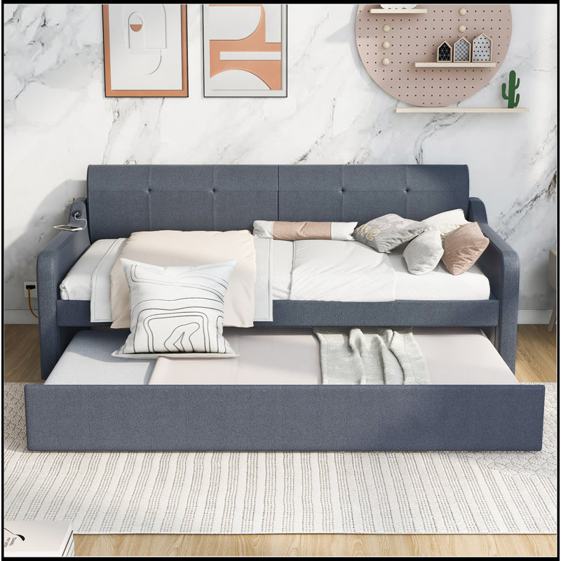 Twin Size Upholstery Daybed With Trundle And USB Charging Design,Trundle Can Be Flat Or Erected, Beige