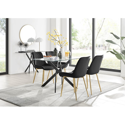 Ensemble de table de salle à manger moderne en métal et verre avec 4 chaises rembourrées en velours Lenworth
