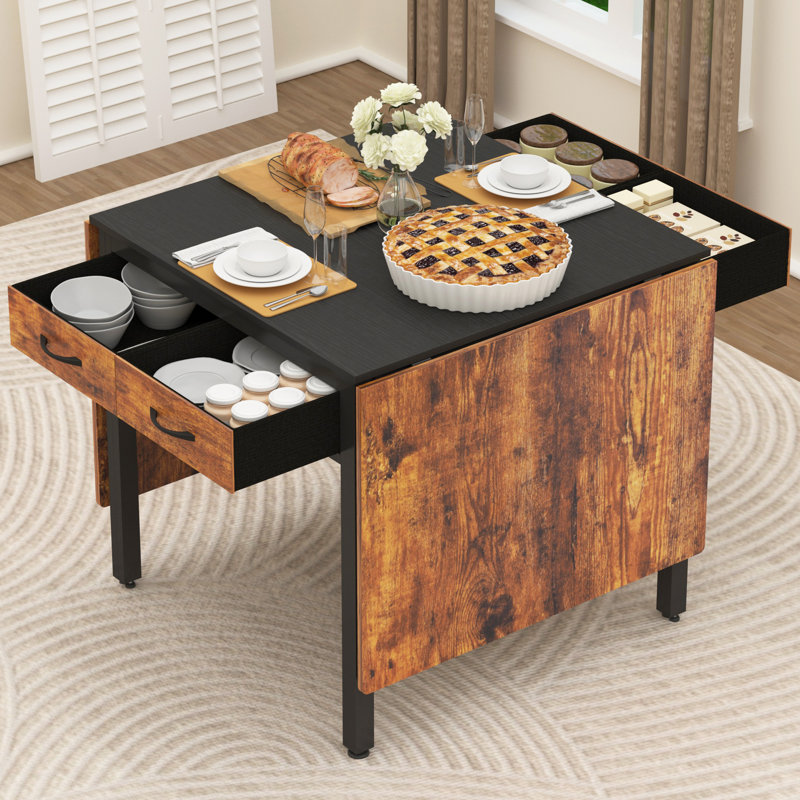 78.74" W Drop Leaf Dining Table For 2-8 People, Extendable Kitchen Dining Table With 4 Fabric Drawers