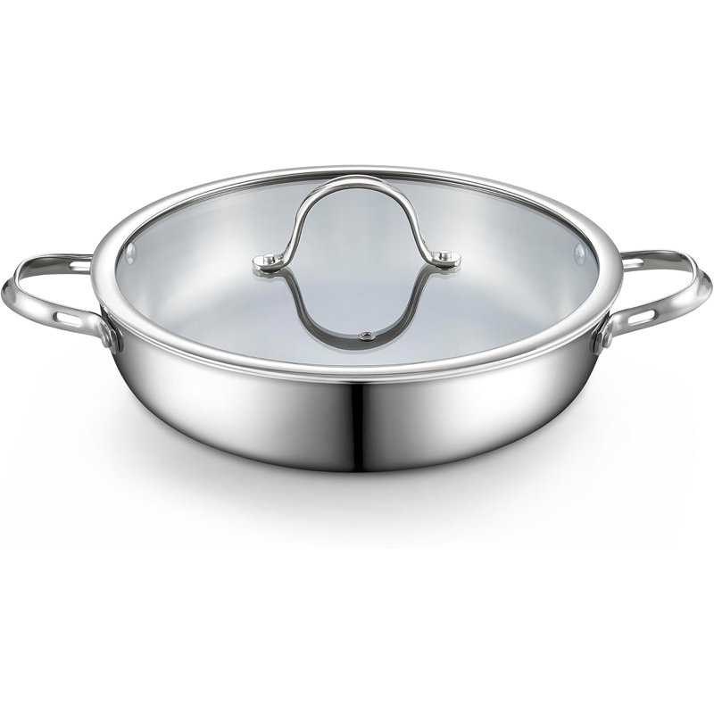 Cooks Standard Multi-Ply Clad 12-Inch Stainless Steel Wok Stir Fry Pan with Glass Lid, Large Stainless Steel Deep Frying Pan, Everyday Chef's Pan Flat Bottom Wok Induction Cookware