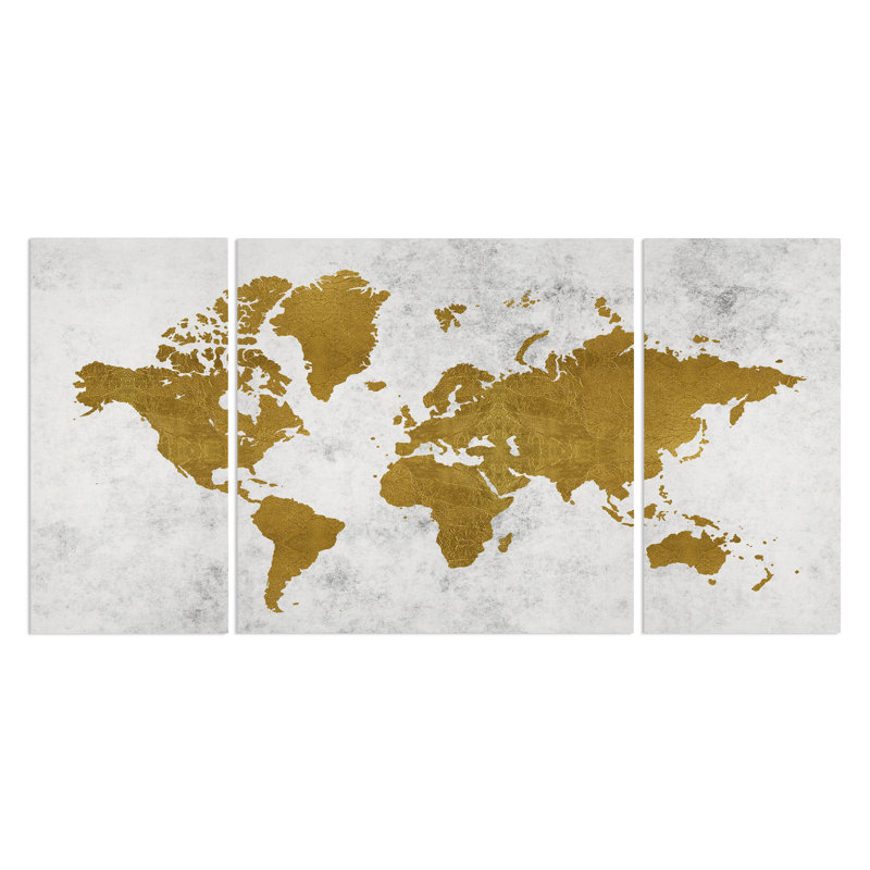 « golden world map », reproduction d’image multi-parties sur toile, H 32 po x l 64 po x P 1,5 po