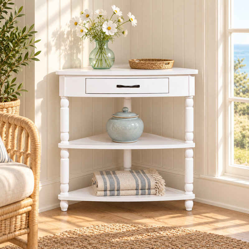 Console de rangement en coin en bois massif 33 pouces avec rangement à 3 niveaux, pieds en bois massif, blanc, White