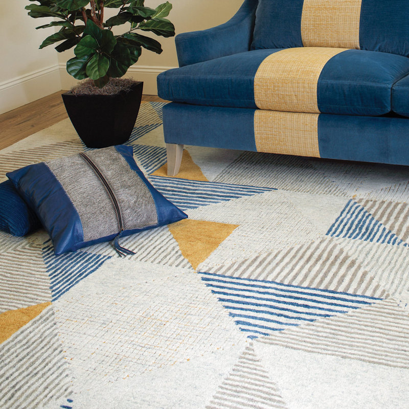 Griffin Geometric Handmade Tufted Wool Blue/Gray/Yellow Area Rug, Rectangle 5' x 8'