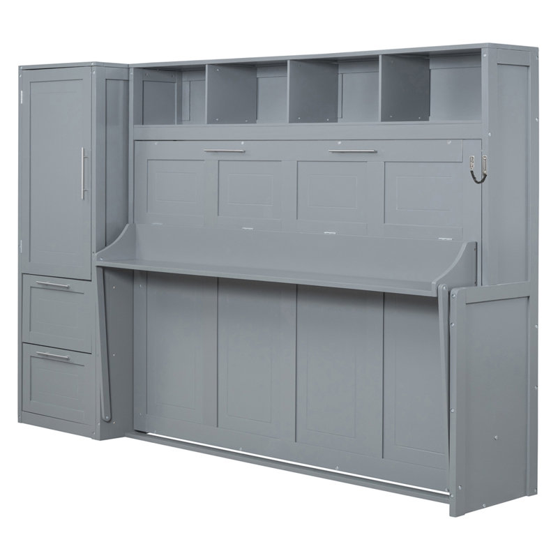 Grand lit escamotable mural avec placard et tiroirs, grand lit, gris, Gris