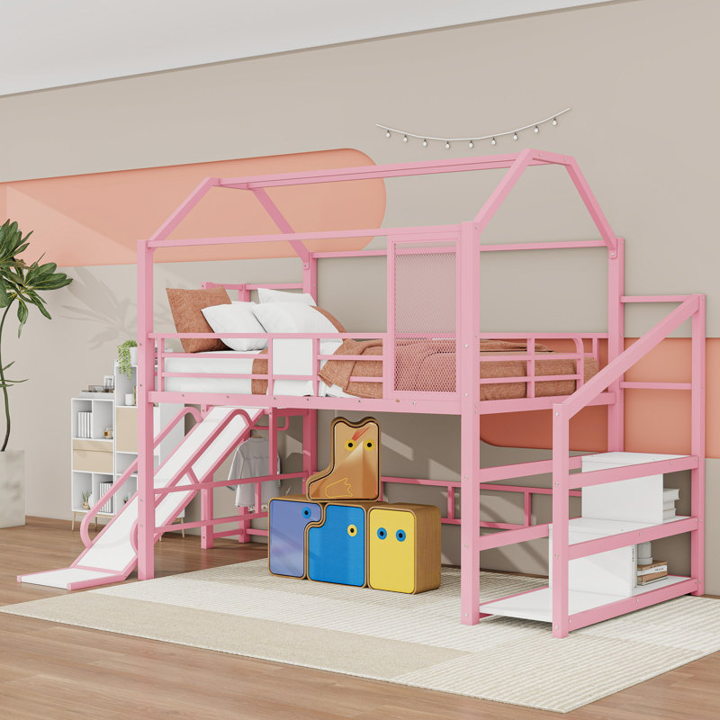 Metal Loft Bed With Staircase And Slide, Full, Pink