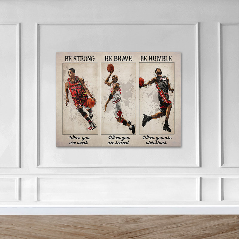 Hommes jouant au basketball - «Be Strong When You Are Weak Be Brave When You Are Scared», reproduction d'art graphique sur toile tendue