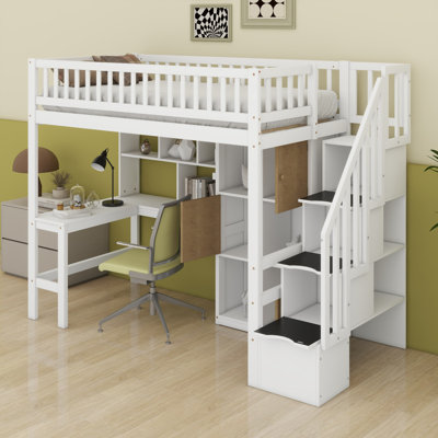 Lit mezzanine en bois avec bureau intégré, DEL, tablettes de rangement, armoires et escalier
