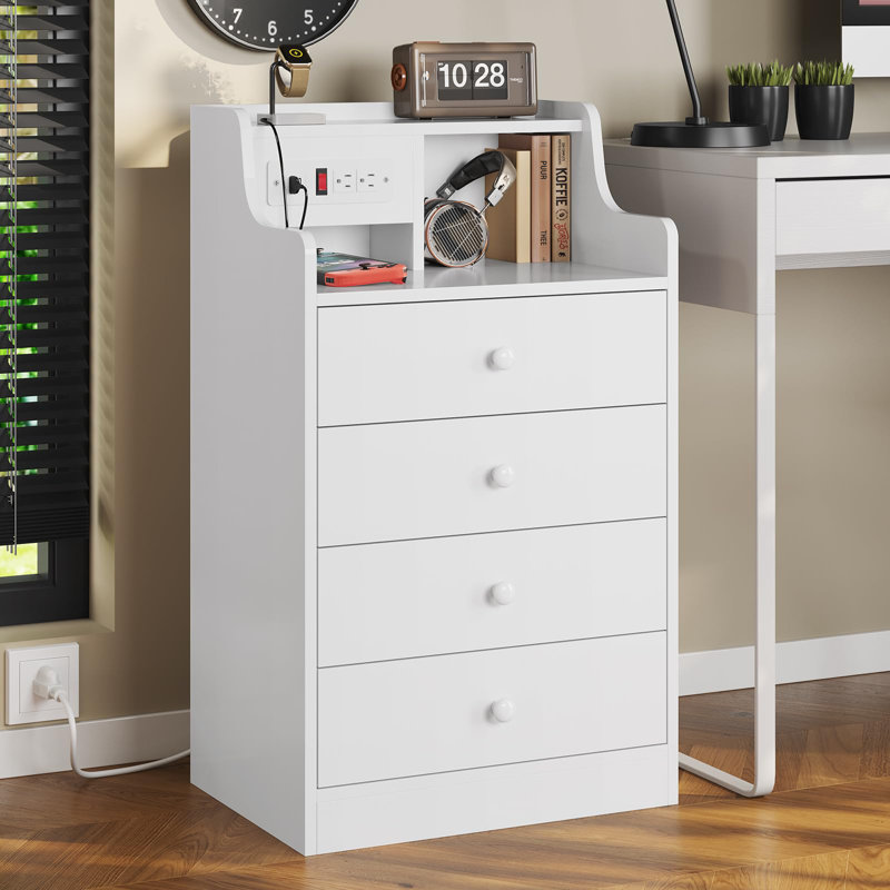 Nightstand With Charging Station, Night Stand For Bedroom,end Table With Hutch And 4 Drawers, White